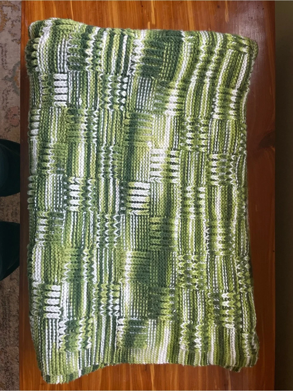 Handknit Green & White Checkerboard variegated Throw 50” x70”